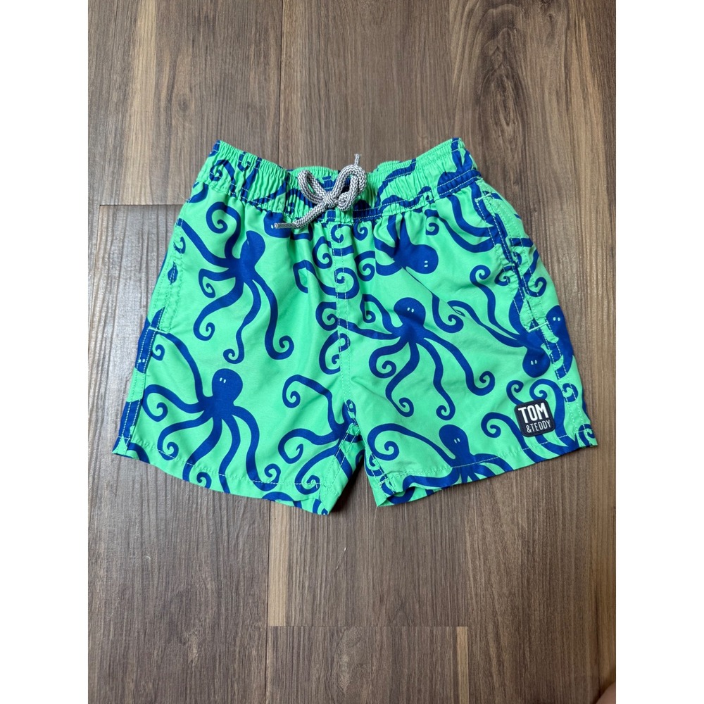 Tom &‎ Teddy 3/4T Swim Trunks Green w/ Blue Octopus Print Preppy